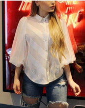 Load image into Gallery viewer, Button Me Up With Love Puff Sleeve Stripe Shirt -White Top